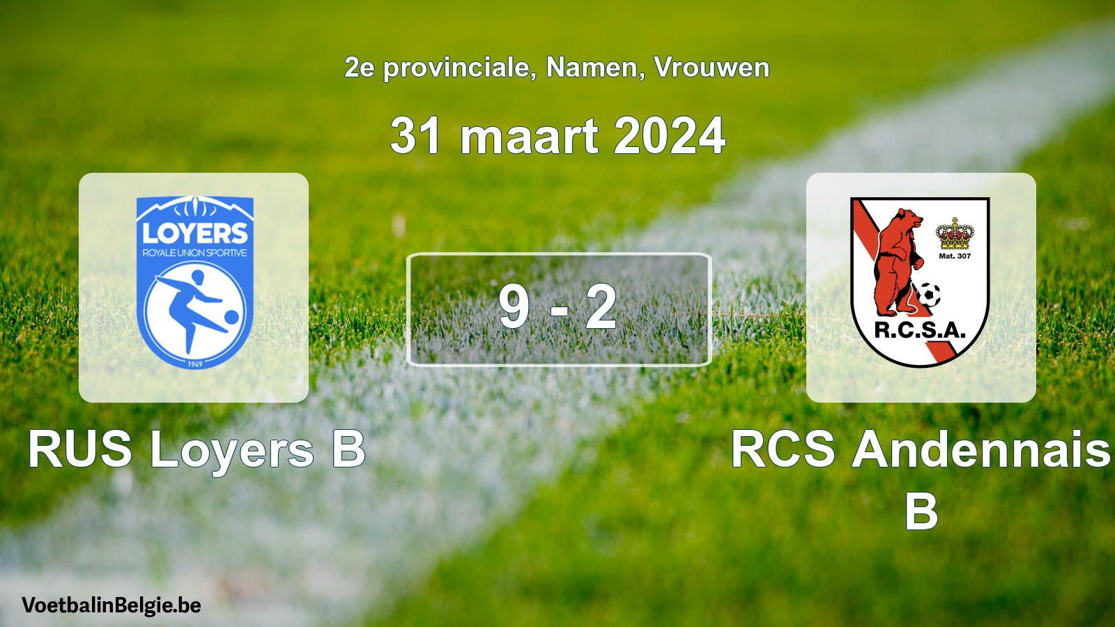 Gespeelde wedstrijd vrouwenvoetbal: RUS Loyers B - RCS Andennais B 9 - 2 (31 maart 2024)