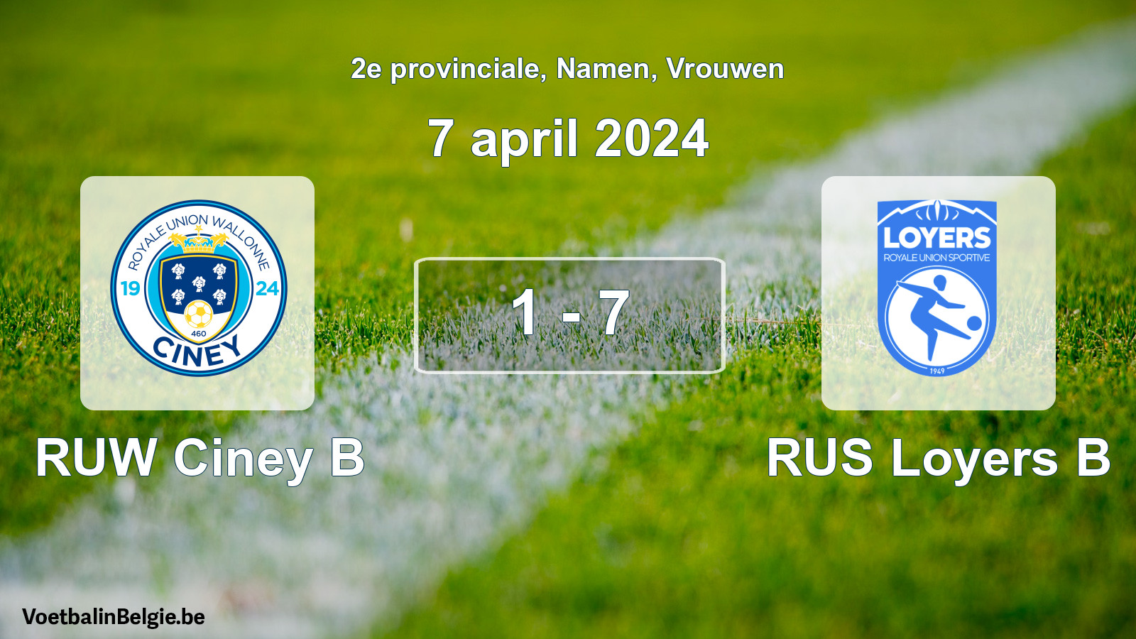 Gespeelde wedstrijd vrouwenvoetbal: RUW Ciney B - RUS Loyers B 1 - 7 (7 april 2024)