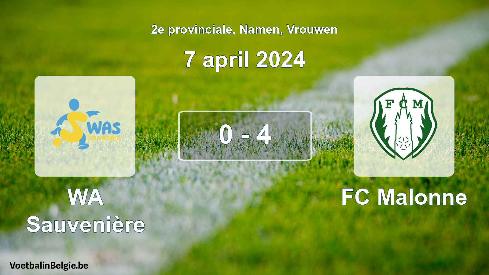 Gespeelde wedstrijd vrouwenvoetbal: WA Sauvenière - FC Malonne 0 - 4 (7 april 2024)
