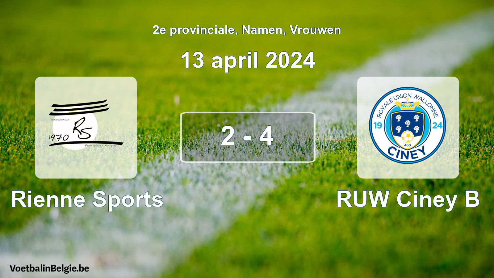 Gespeelde wedstrijd vrouwenvoetbal: Rienne Sports - RUW Ciney B 2 - 4 (13 april 2024)