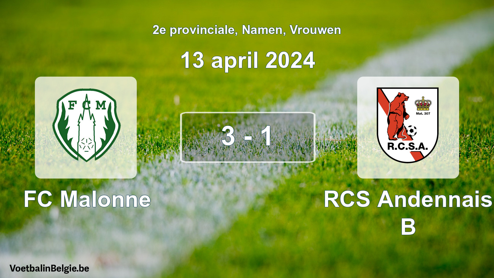 Gespeelde wedstrijd vrouwenvoetbal: FC Malonne - RCS Andennais B 3 - 1 (13 april 2024)