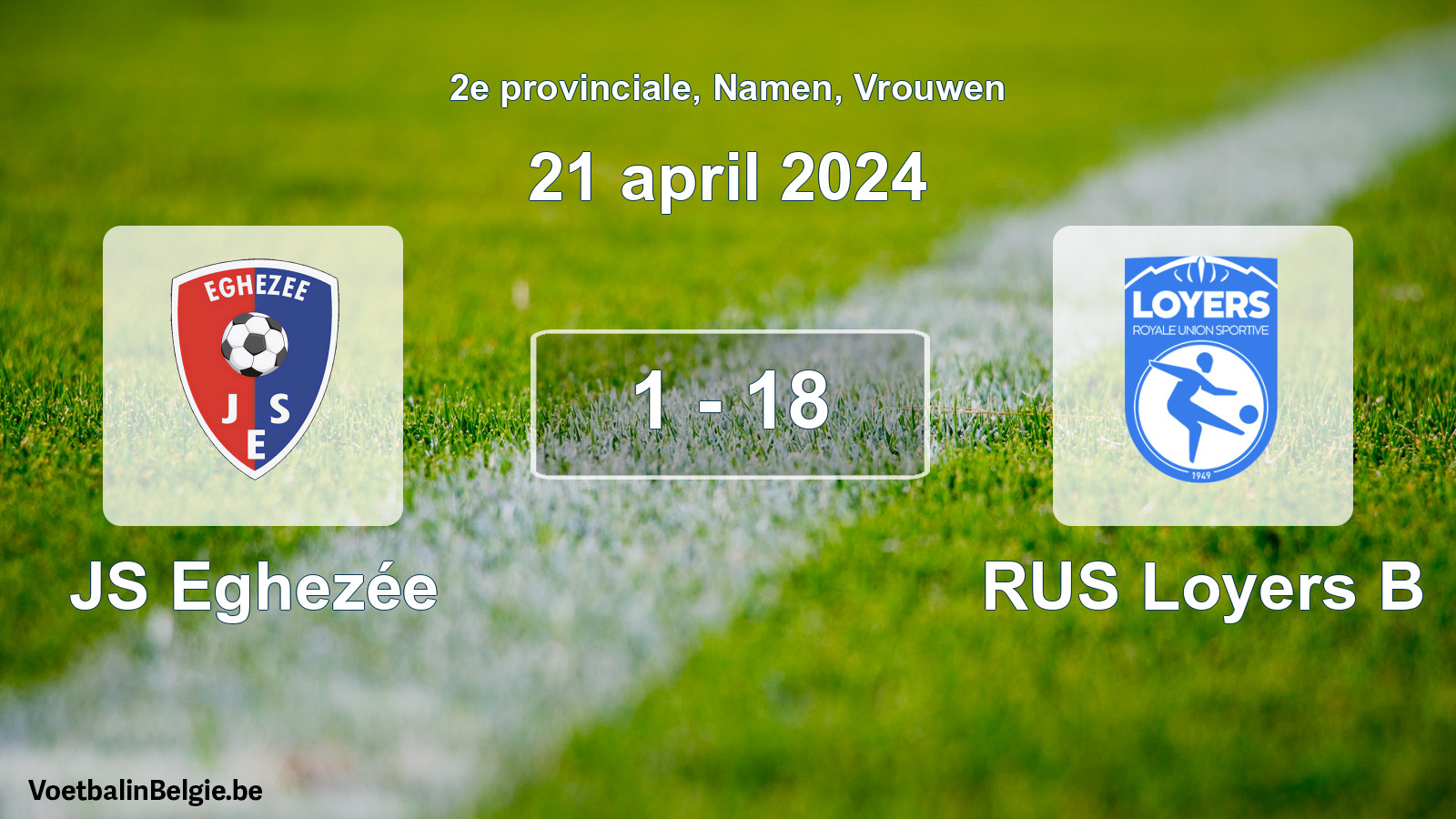 Gespeelde wedstrijd vrouwenvoetbal: JS Eghezée - RUS Loyers B 1 - 18 (21 april 2024)