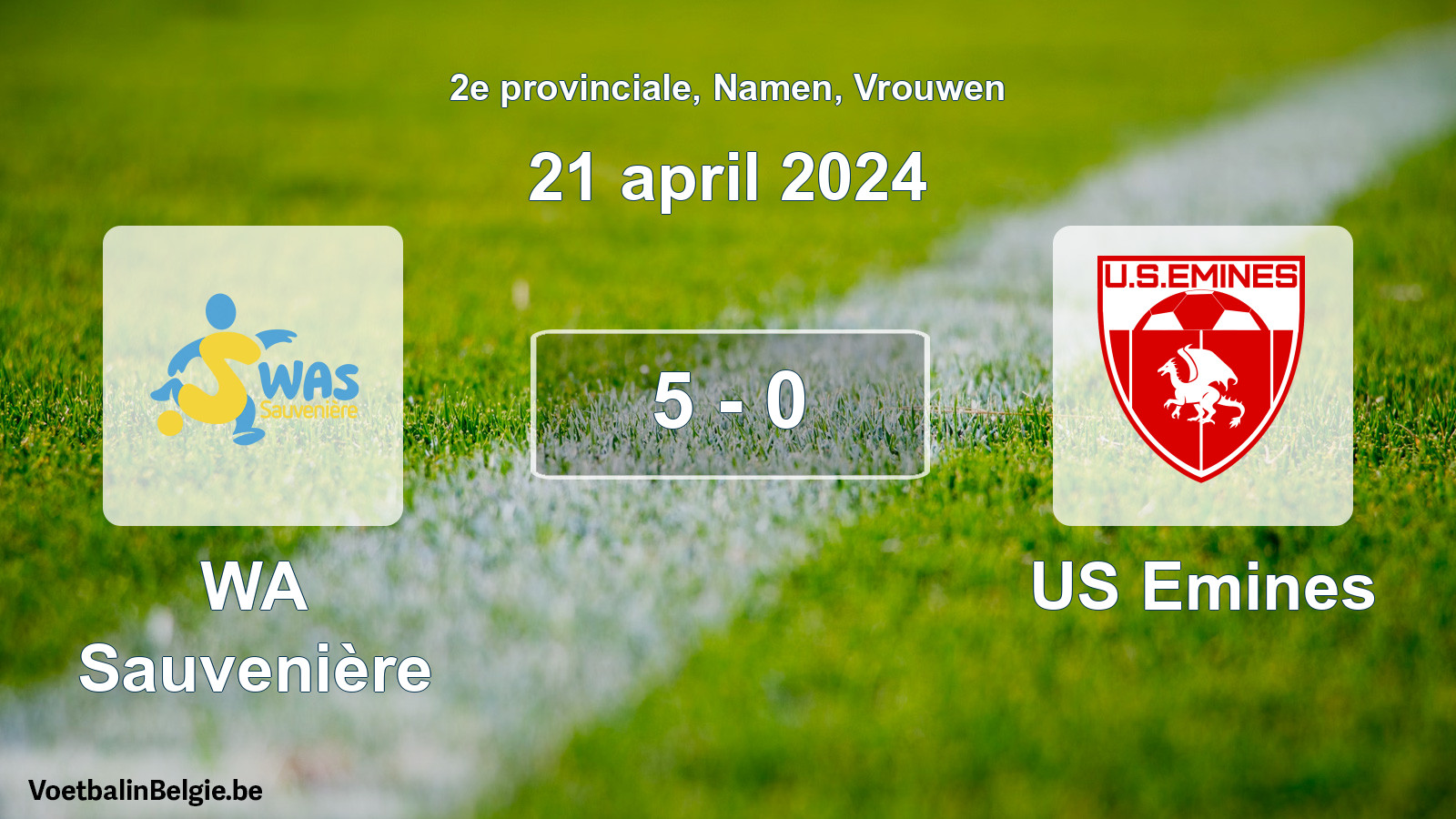 Gespeelde wedstrijd vrouwenvoetbal: WA Sauvenière - US Emines 5 - 0 (21 april 2024)