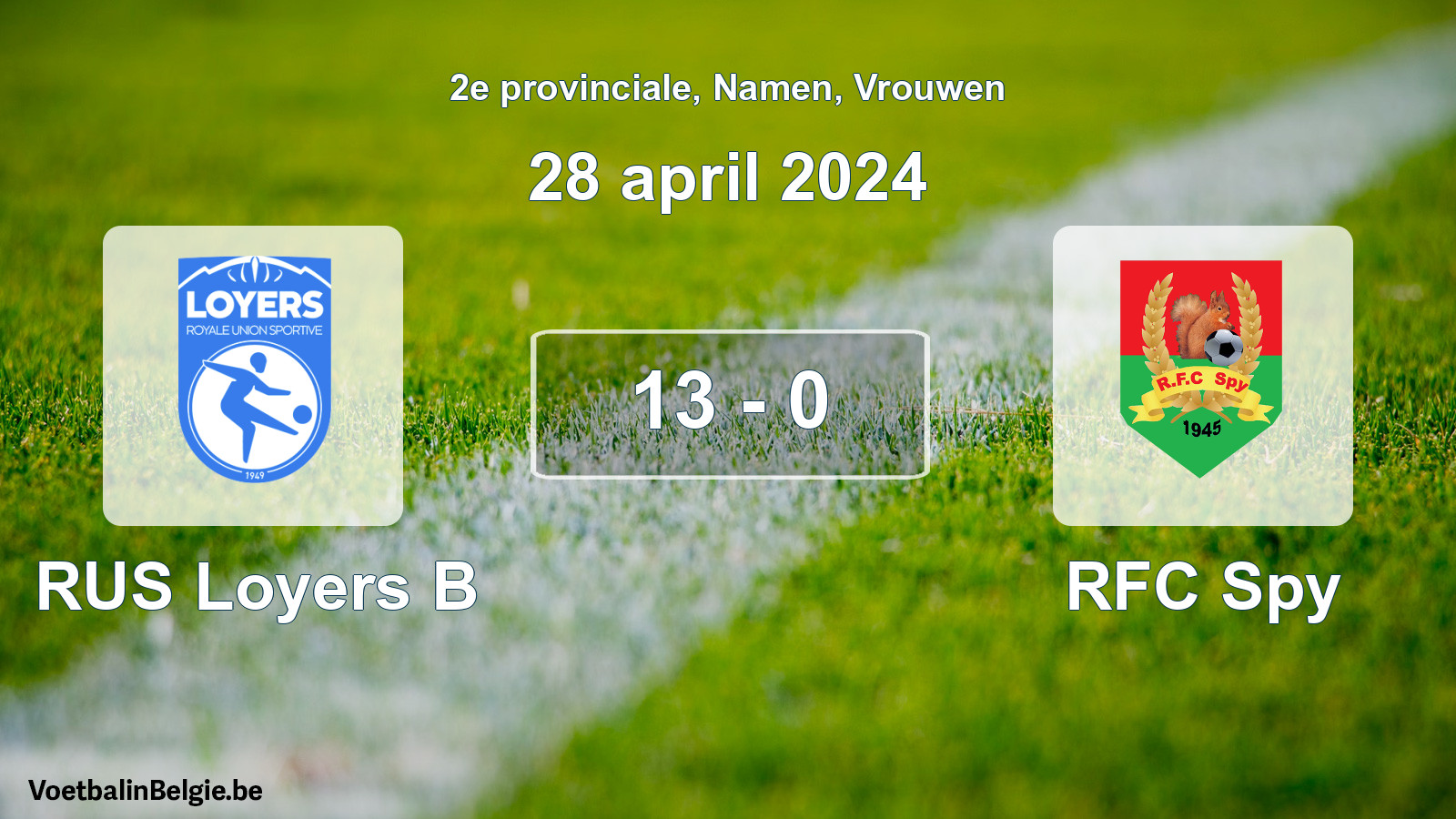 Gespeelde wedstrijd vrouwenvoetbal: RUS Loyers B - RFC Spy 13 - 0 (28 april 2024)
