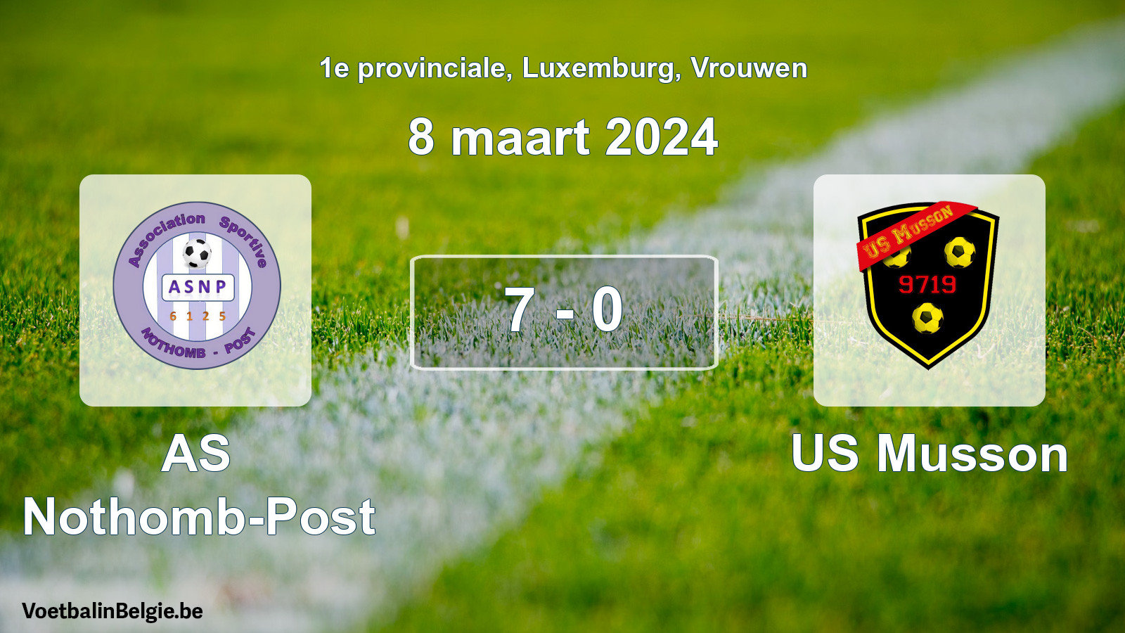 Gespeelde wedstrijd vrouwenvoetbal: AS Nothomb-Post - US Musson 7 - 0 (8 maart 2024)