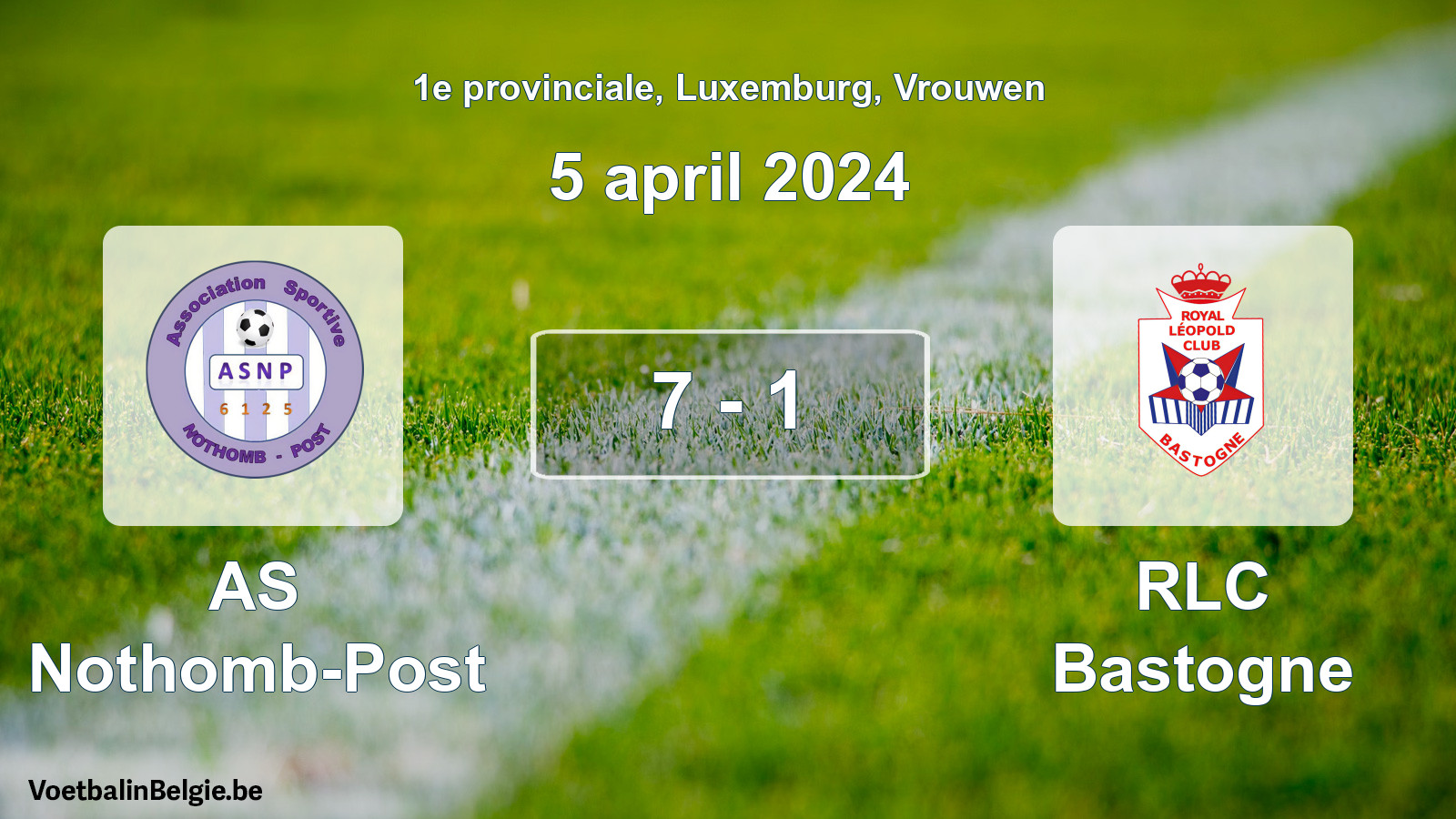 Gespeelde wedstrijd vrouwenvoetbal: AS Nothomb-Post - RLC Bastogne 7 - 1 (5 april 2024)