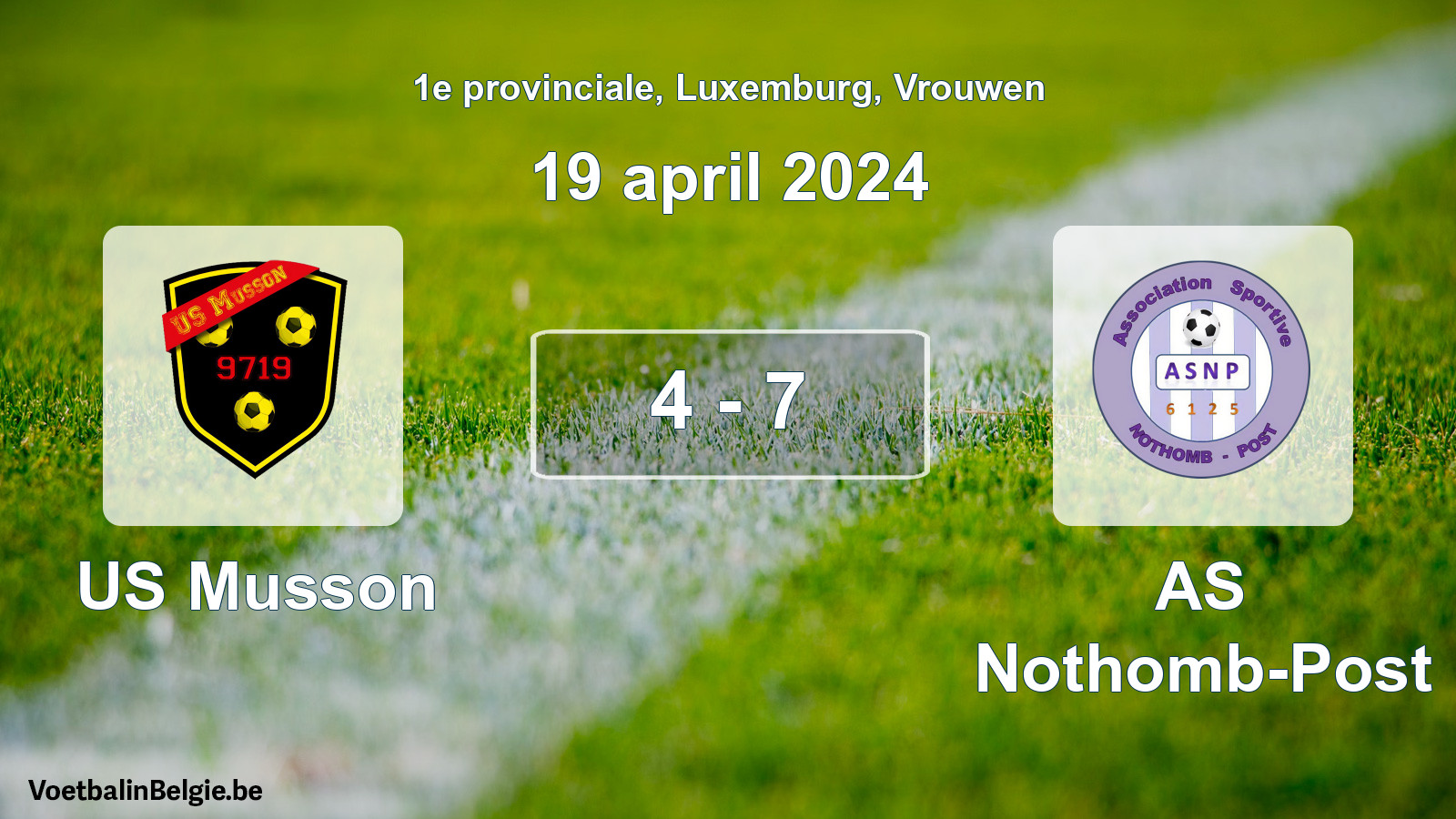 Gespeelde wedstrijd vrouwenvoetbal: US Musson - AS Nothomb-Post 4 - 7 (19 april 2024)