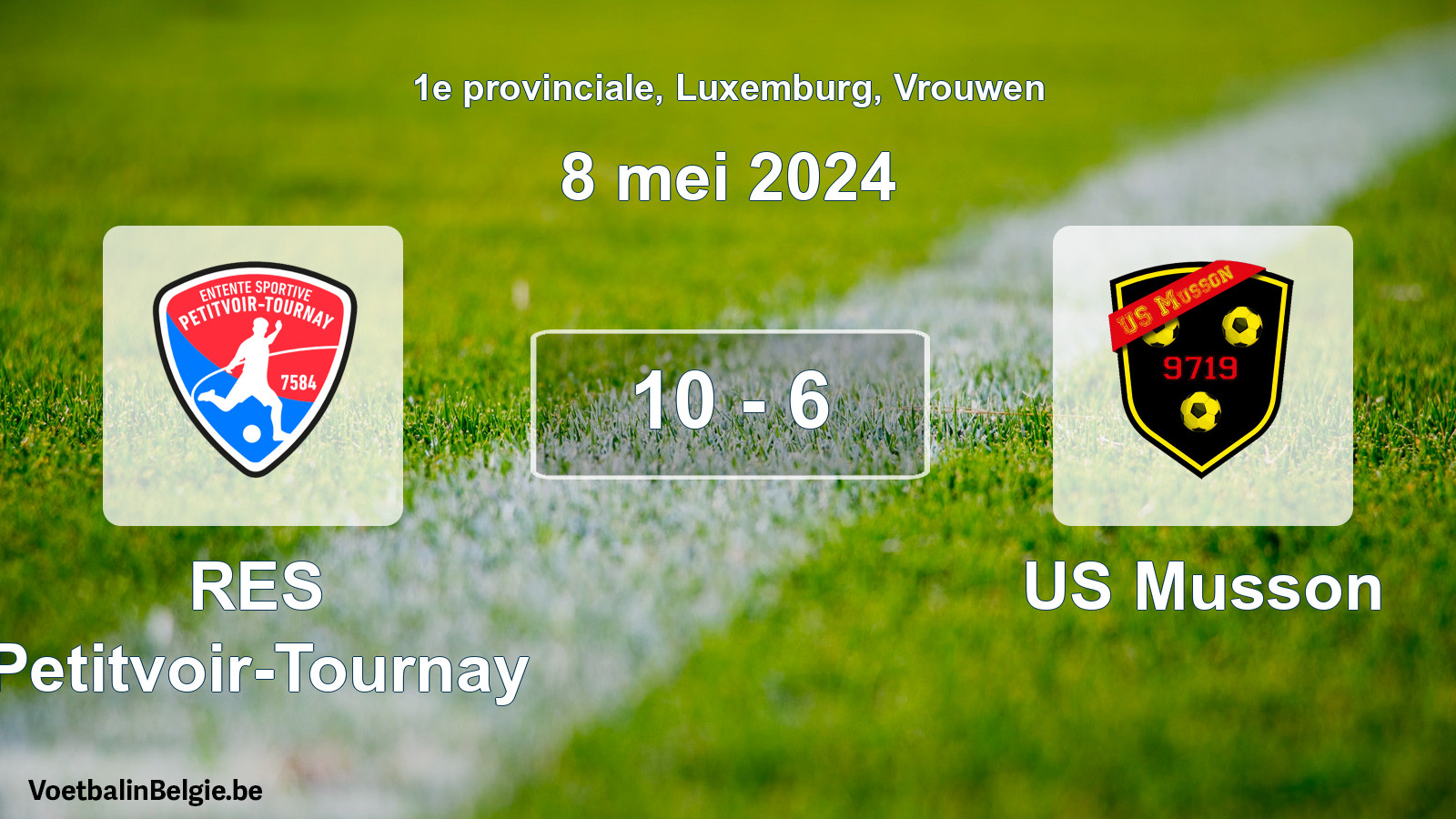 Gespeelde wedstrijd vrouwenvoetbal: RES Petitvoir-Tournay - US Musson 10 - 6 (8 mei 2024)