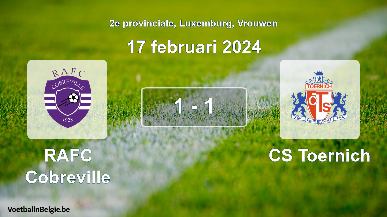 Gespeelde wedstrijd vrouwenvoetbal: RAFC Cobreville - CS Toernich 1 - 1 (17 februari 2024)