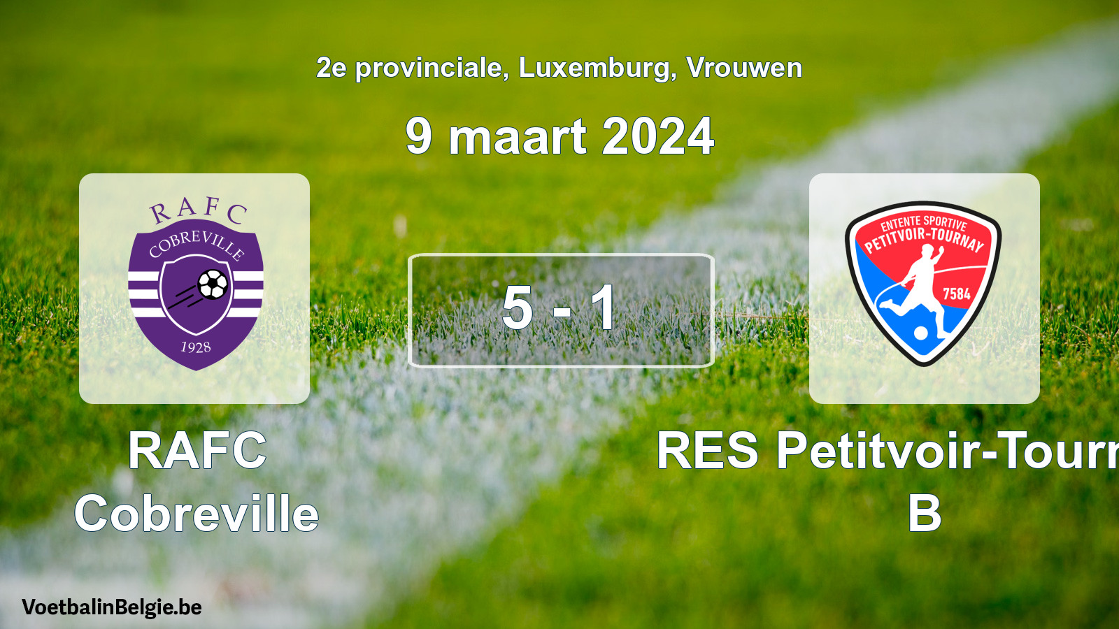 Gespeelde wedstrijd vrouwenvoetbal: RAFC Cobreville - RES Petitvoir-Tournay B 5 - 1 (9 maart 2024)