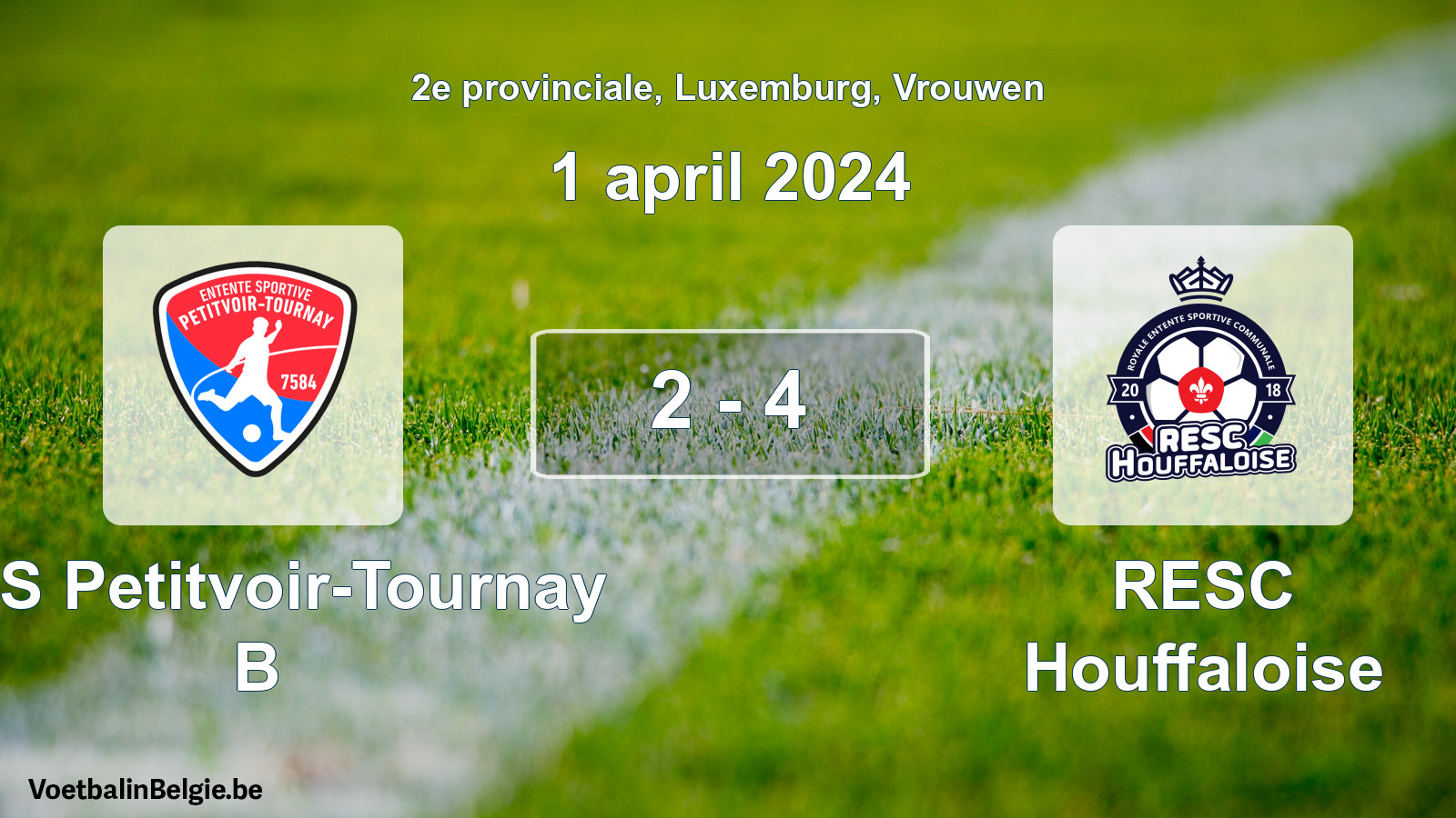 Gespeelde wedstrijd vrouwenvoetbal: RES Petitvoir-Tournay B - RESC Houffaloise 2 - 4 (1 april 2024)