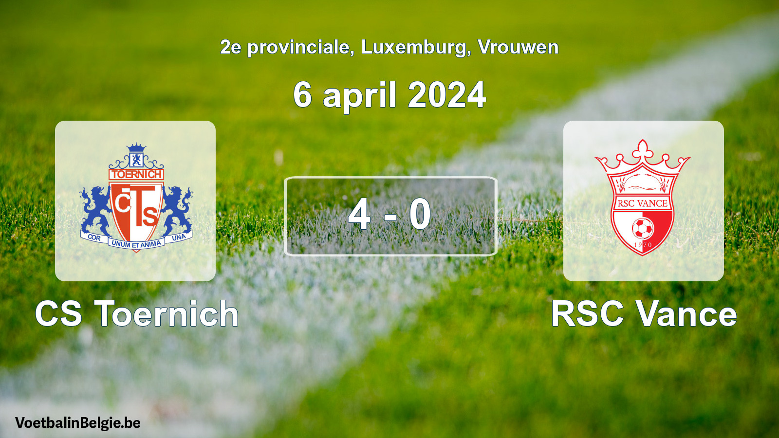 Gespeelde wedstrijd vrouwenvoetbal: CS Toernich - RSC Vance 4 - 0 (6 april 2024)