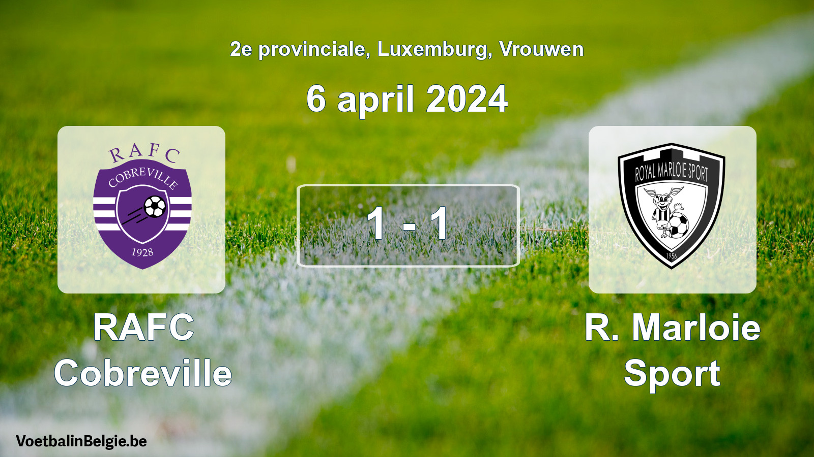 Gespeelde wedstrijd vrouwenvoetbal: RAFC Cobreville - R. Marloie Sport 1 - 1 (6 april 2024)
