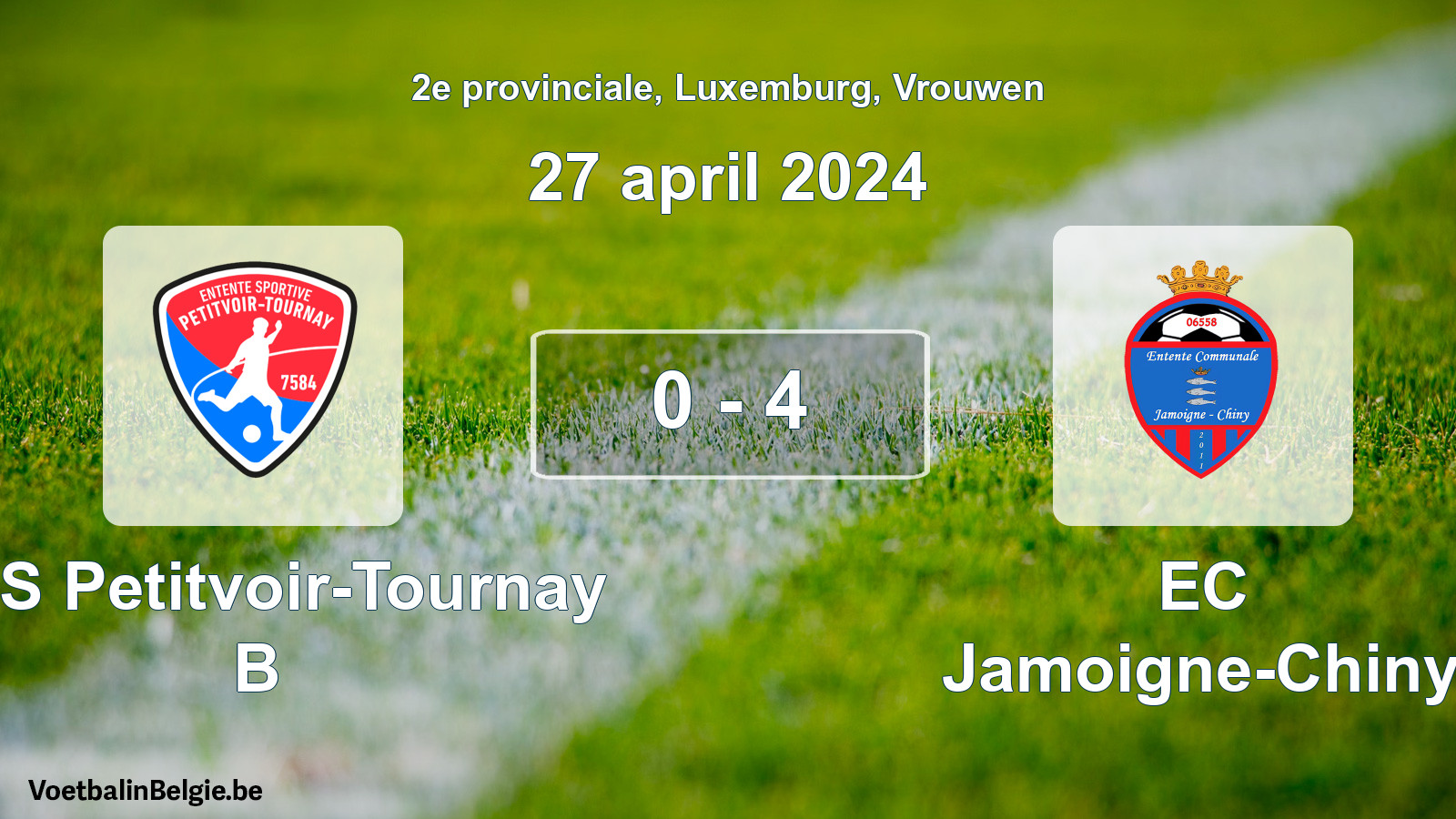 Gespeelde wedstrijd vrouwenvoetbal: RES Petitvoir-Tournay B - EC Jamoigne-Chiny 0 - 4 (27 april 2024)