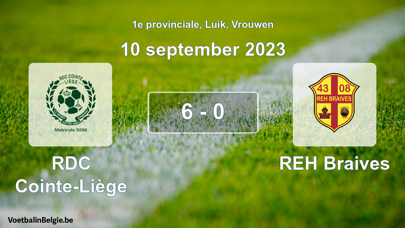 Gespeelde wedstrijd vrouwenvoetbal: RDC Cointe-Liège - REH Braives 6 - 0 (10 september 2023)
