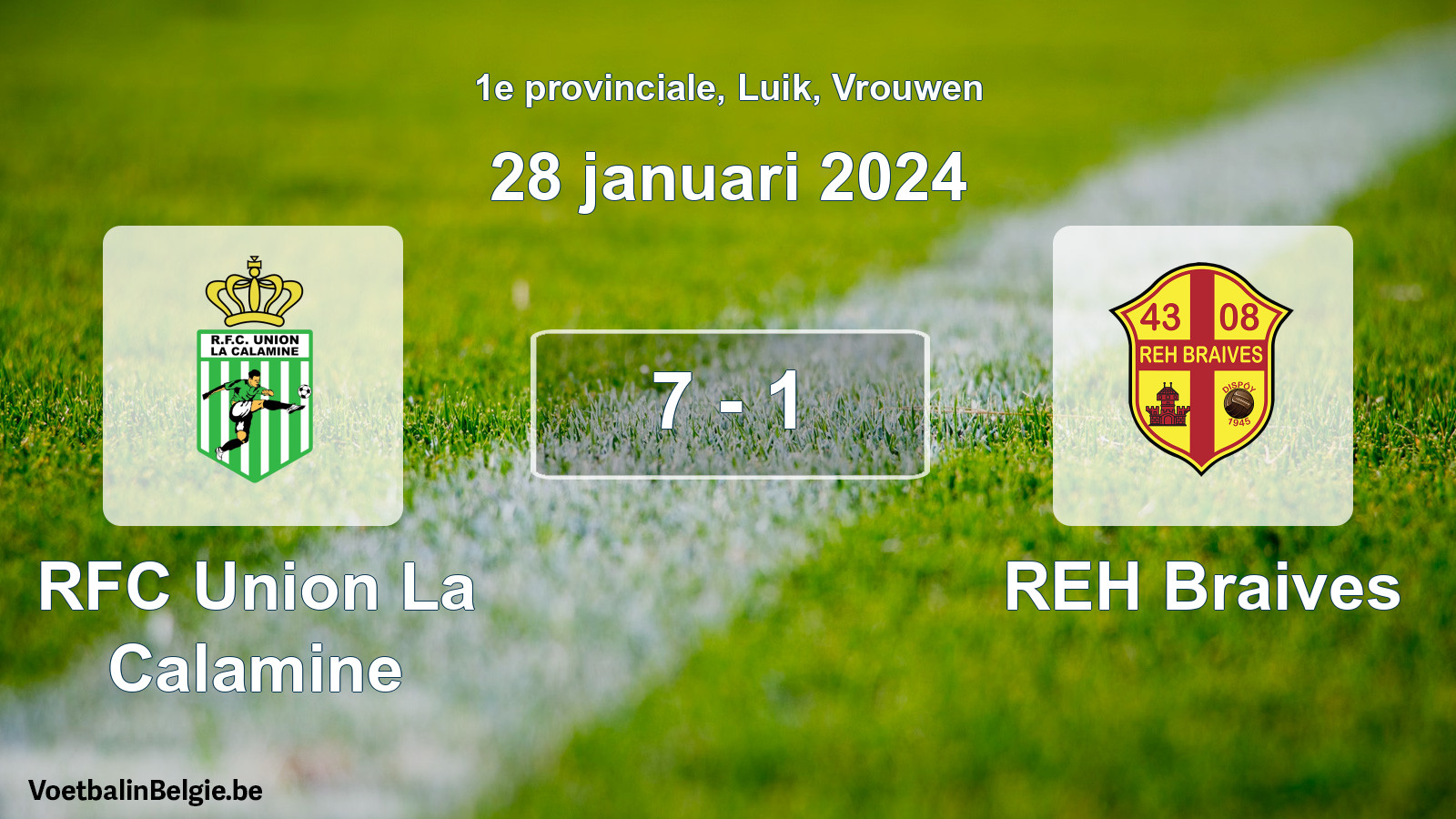 Gespeelde wedstrijd vrouwenvoetbal: RFC Union La Calamine - REH Braives 7 - 1 (28 januari 2024)