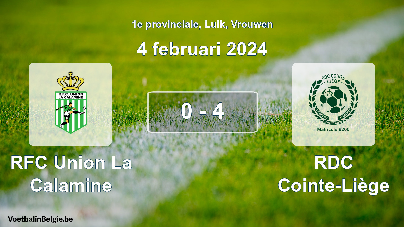 Gespeelde wedstrijd vrouwenvoetbal: RFC Union La Calamine - RDC Cointe-Liège 0 - 4 (4 februari 2024)