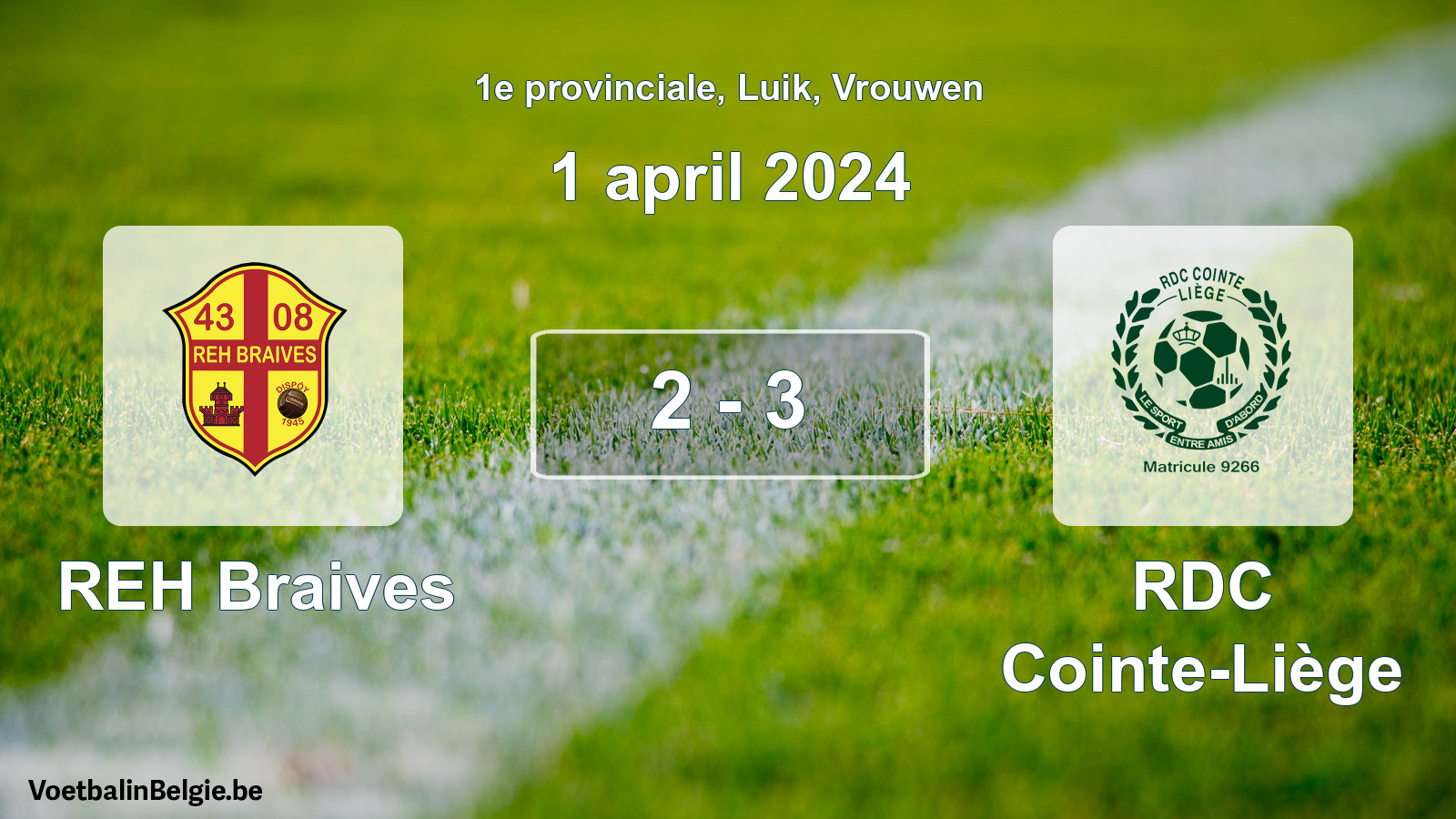Gespeelde wedstrijd vrouwenvoetbal: REH Braives - RDC Cointe-Liège 2 - 3 (1 april 2024)