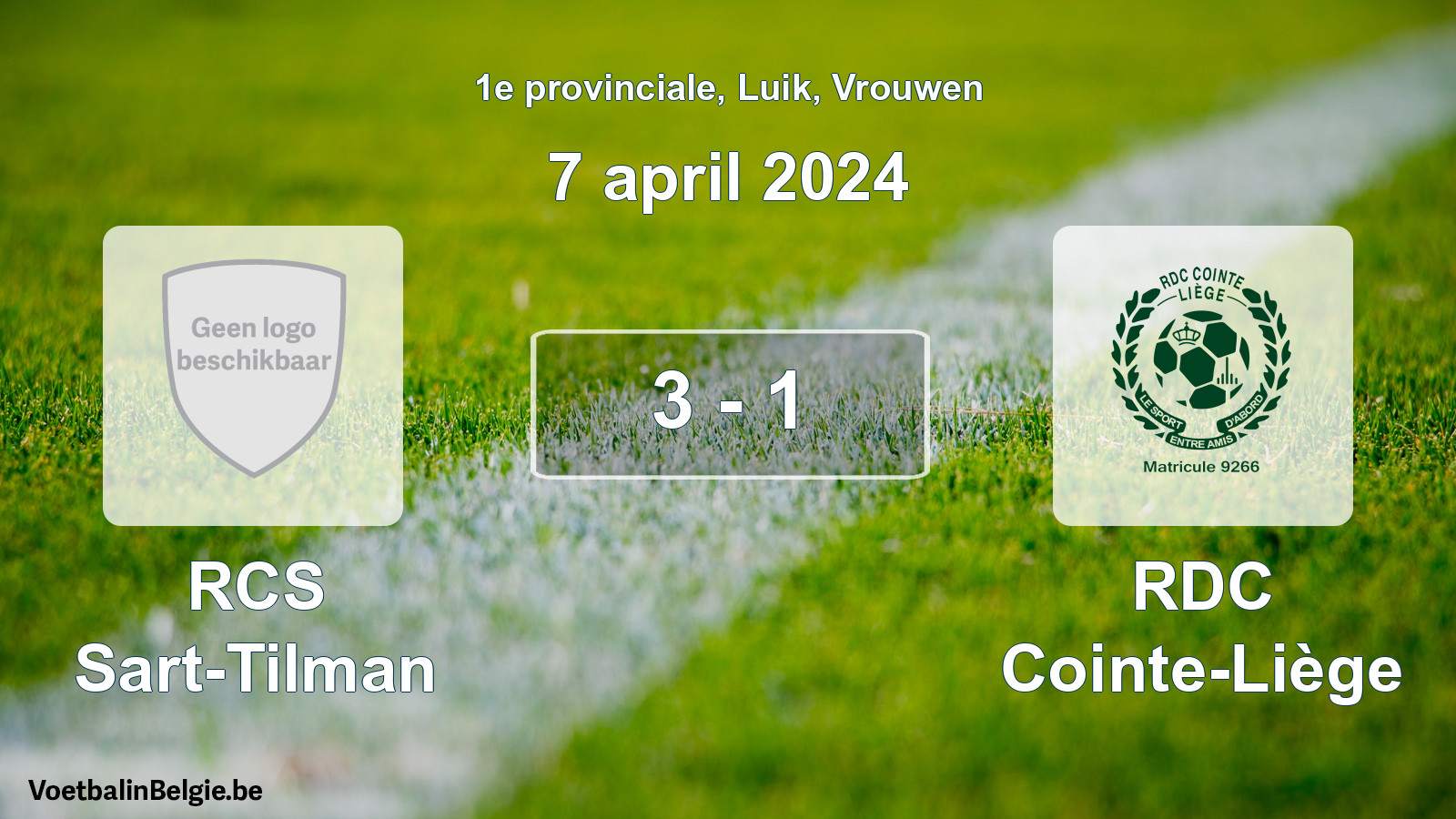 Gespeelde wedstrijd vrouwenvoetbal: RCS Sart-Tilman - RDC Cointe-Liège 3 - 1 (7 april 2024)