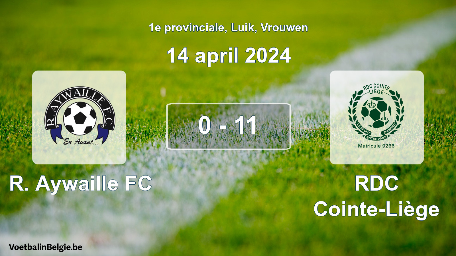 Gespeelde wedstrijd vrouwenvoetbal: R. Aywaille FC - RDC Cointe-Liège 0 - 11 (14 april 2024)