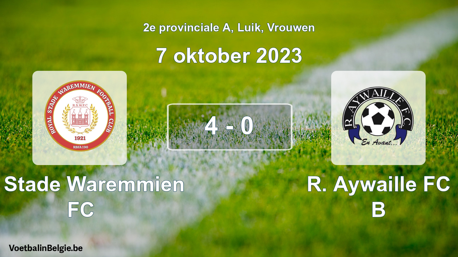 Gespeelde wedstrijd vrouwenvoetbal: R. Stade Waremmien FC - R. Aywaille FC B 4 - 0 (7 oktober 2023)