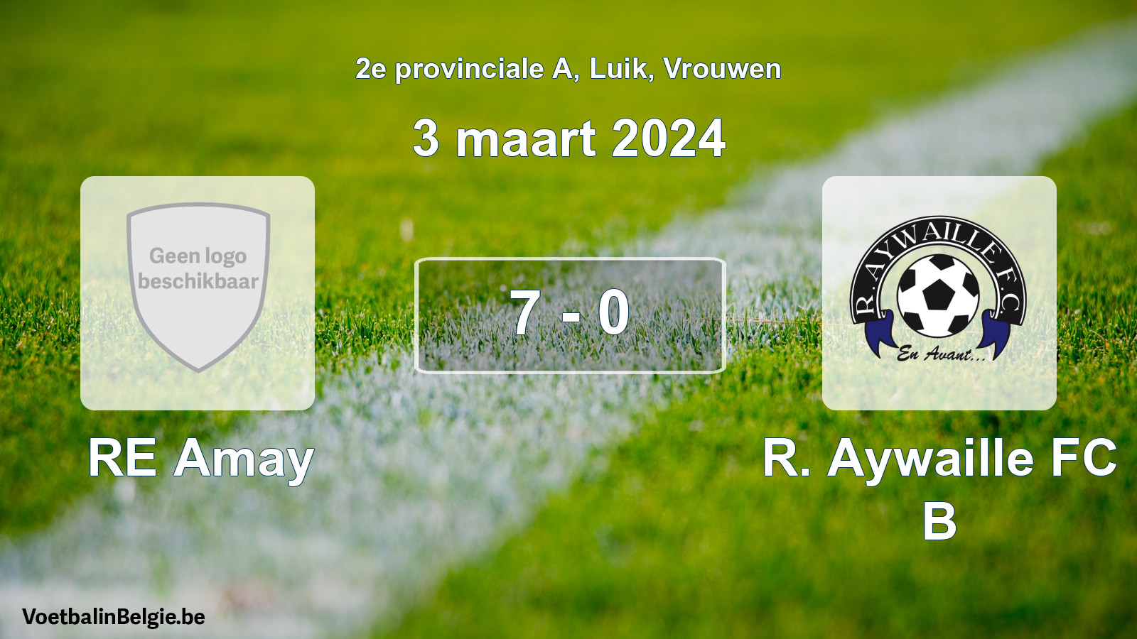 Gespeelde wedstrijd vrouwenvoetbal: RE Amay - R. Aywaille FC B 7 - 0 (3 maart 2024)