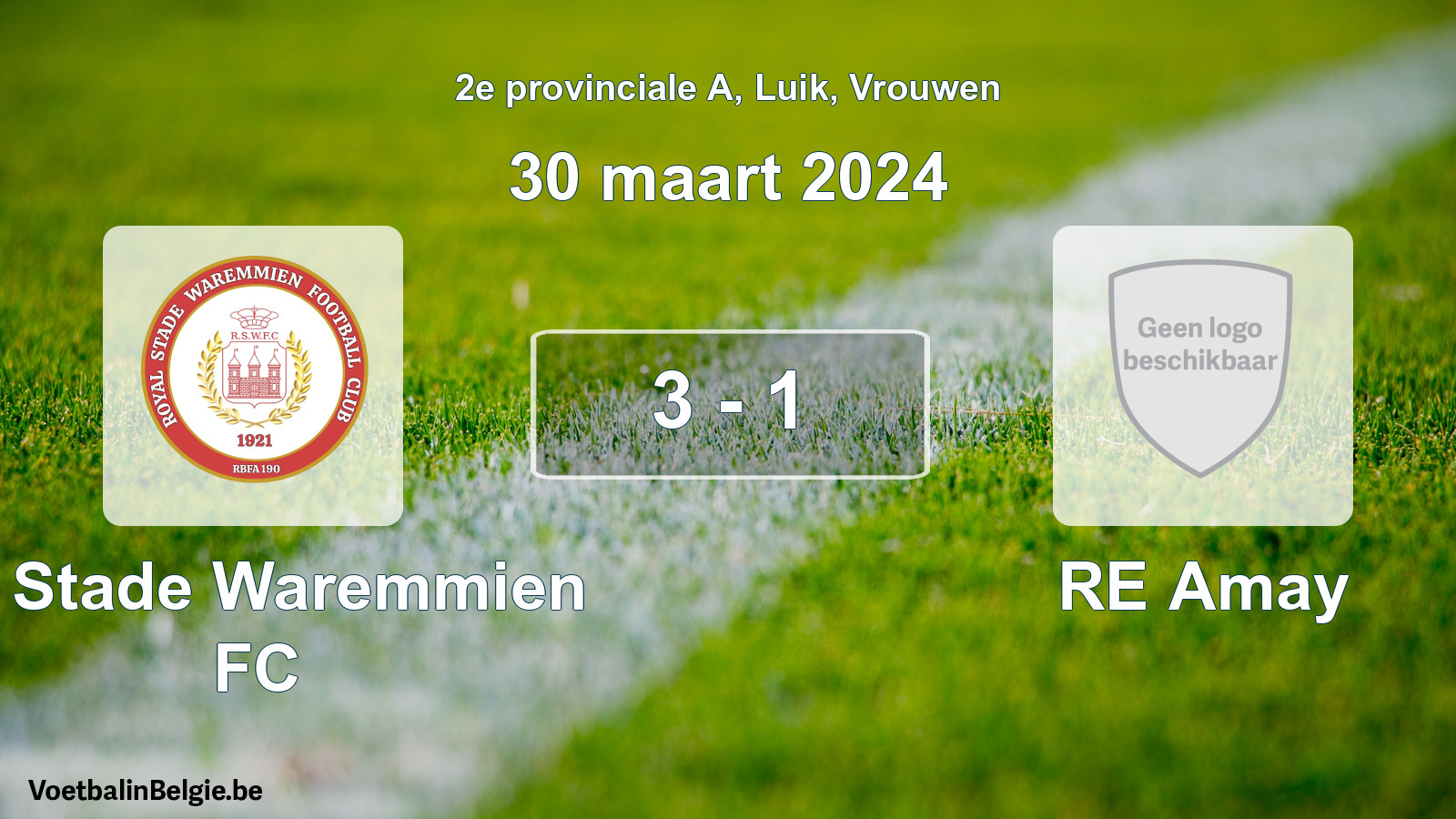Gespeelde wedstrijd vrouwenvoetbal: R. Stade Waremmien FC - RE Amay 3 - 1 (30 maart 2024)