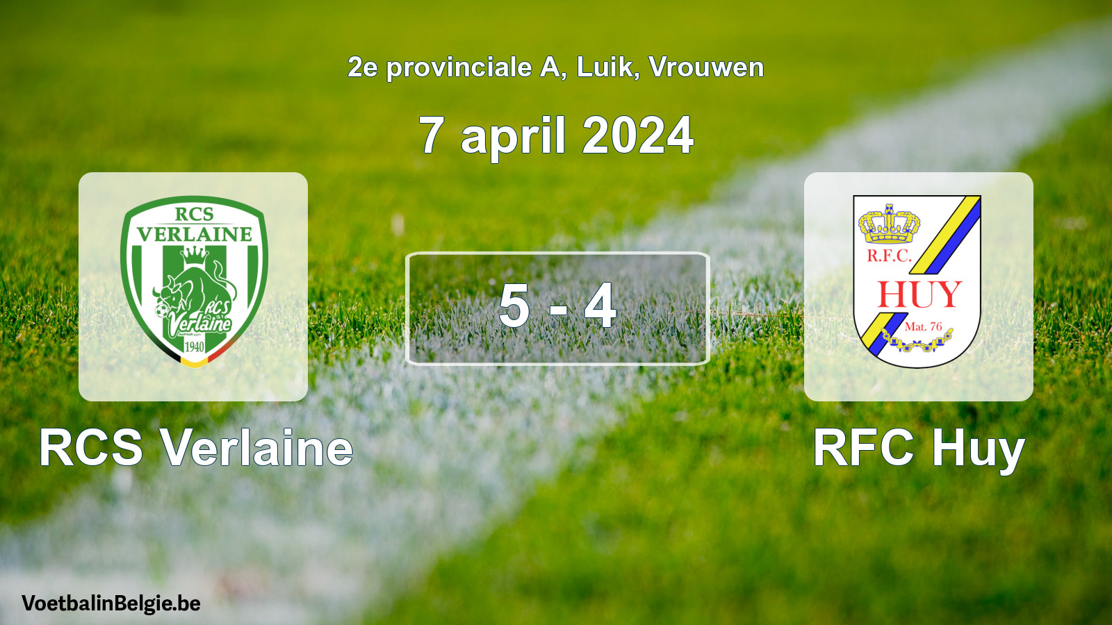 Gespeelde wedstrijd vrouwenvoetbal: RCS Verlaine - RFC Huy 5 - 4 (7 april 2024)
