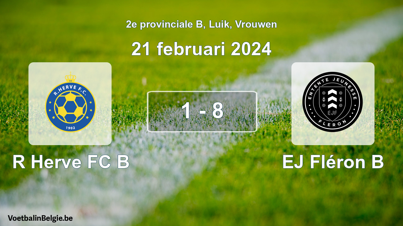 Gespeelde wedstrijd vrouwenvoetbal: R Herve FC B - EJ Fléron B 1 - 8 (21 februari 2024)