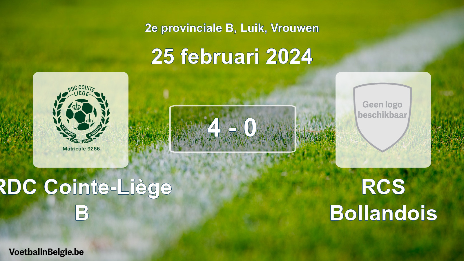 Gespeelde wedstrijd vrouwenvoetbal: RDC Cointe-Liège B - RCS Bollandois 4 - 0 (25 februari 2024)