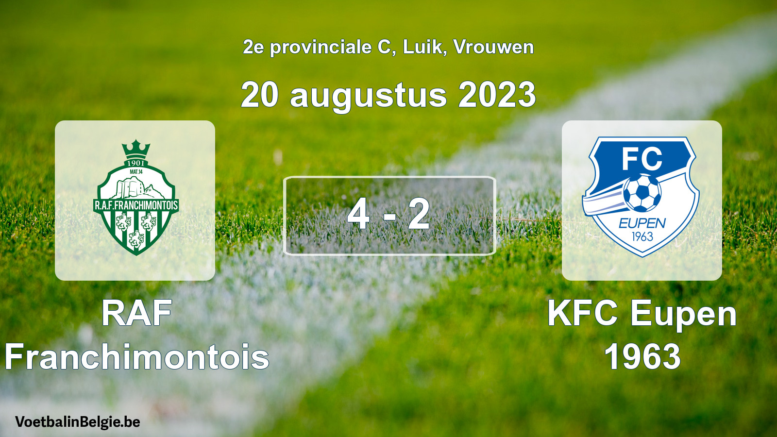 Gespeelde wedstrijd vrouwenvoetbal: RAF Franchimontois - KFC Eupen 1963 4 - 2 (20 augustus 2023)