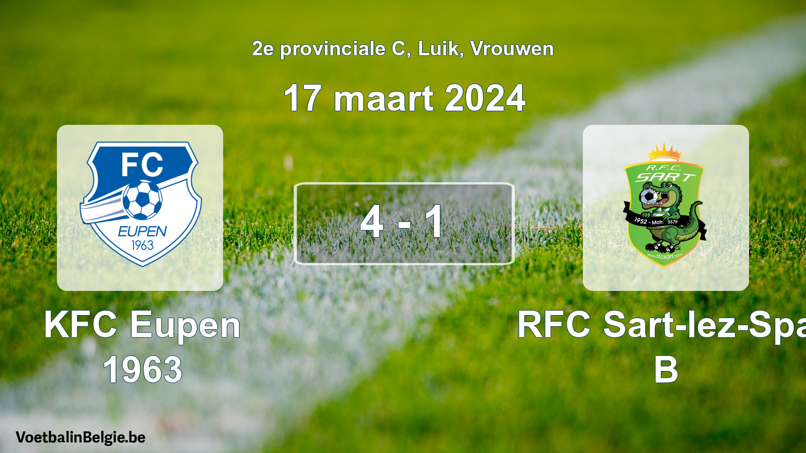 Gespeelde wedstrijd vrouwenvoetbal: KFC Eupen 1963 - RFC Sart-lez-Spa B 4 - 1 (17 maart 2024)