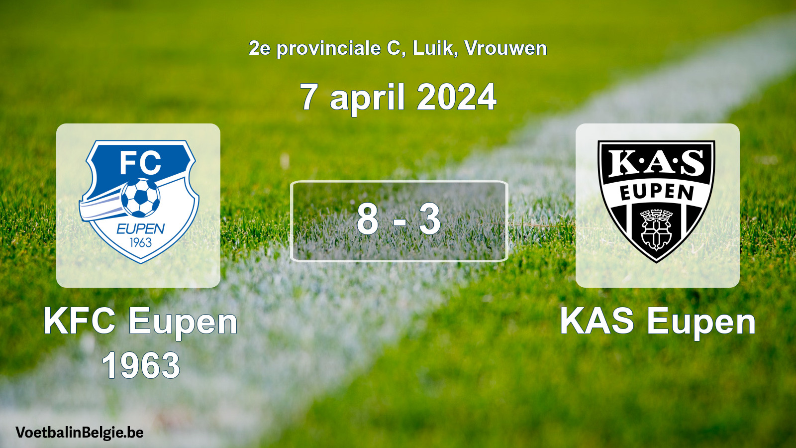 Gespeelde wedstrijd vrouwenvoetbal: KFC Eupen 1963 - KAS Eupen 8 - 3 (7 april 2024)