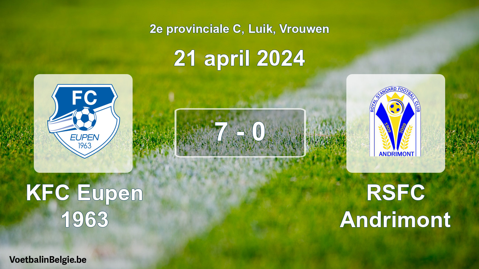 Gespeelde wedstrijd vrouwenvoetbal: KFC Eupen 1963 - RSFC Andrimont 7 - 0 (21 april 2024)