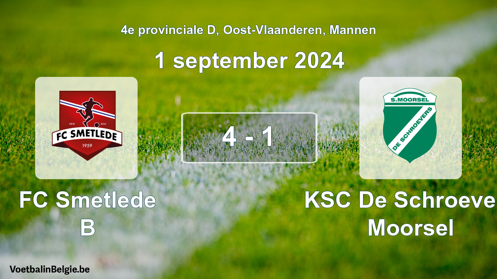 Gespeelde wedstrijd mannenvoetbal: FC Smetlede B - KSC De Schroevers Moorsel 4 - 1 (1 september 2024)