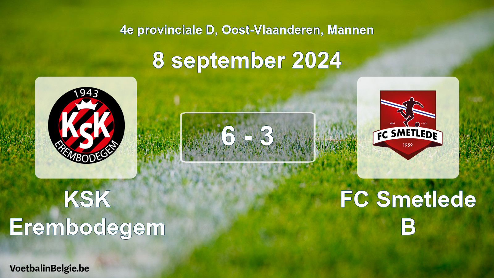 Gespeelde wedstrijd mannenvoetbal: KSK Erembodegem - FC Smetlede B 6 - 3 (8 september 2024)