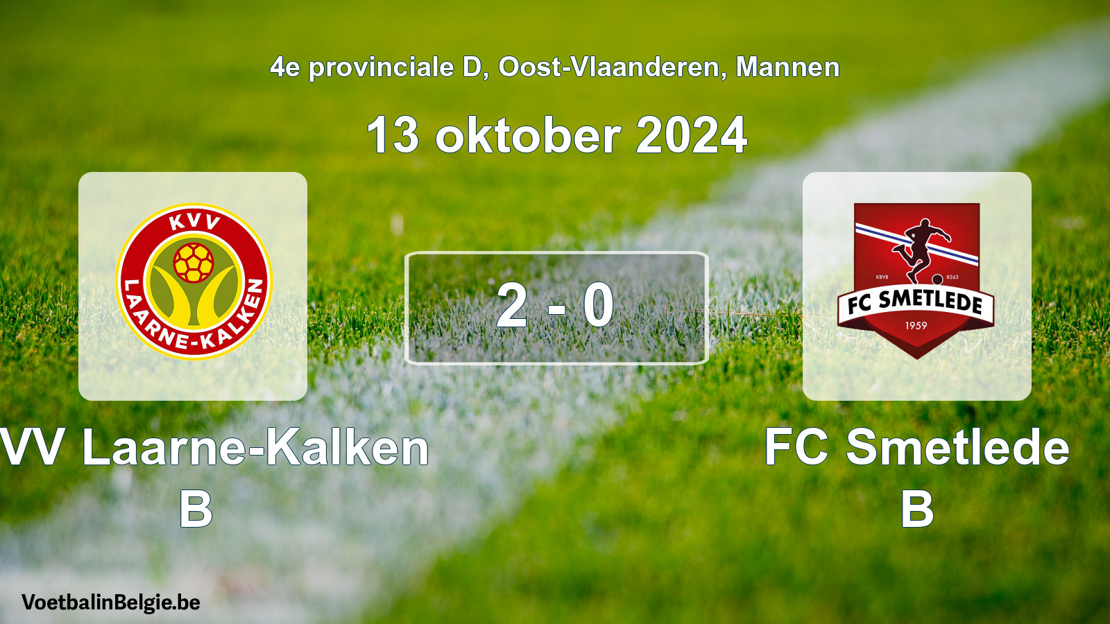 Gespeelde wedstrijd mannenvoetbal: KVV Laarne-Kalken B - FC Smetlede B 2 - 0 (13 oktober 2024)