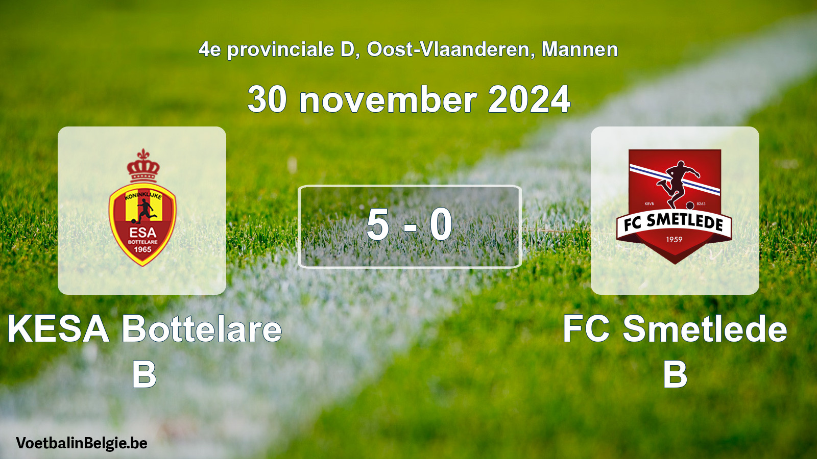 Gespeelde wedstrijd mannenvoetbal: KESA Bottelare B - FC Smetlede B 5 - 0 (30 november 2024)