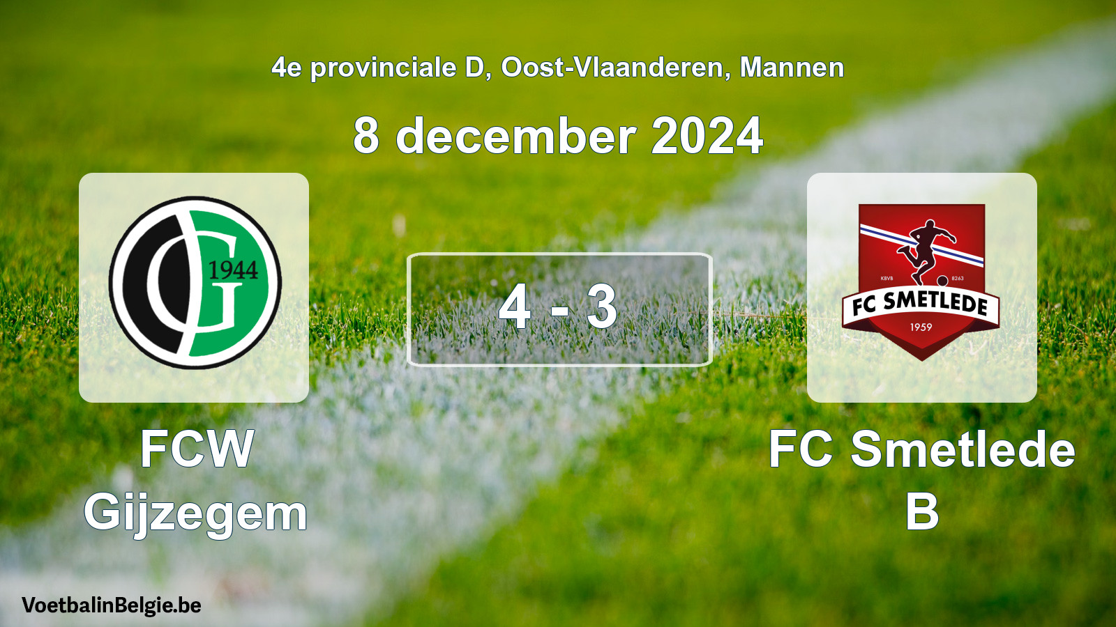 Gespeelde wedstrijd mannenvoetbal: FCW Gijzegem - FC Smetlede B 4 - 3 (8 december 2024)