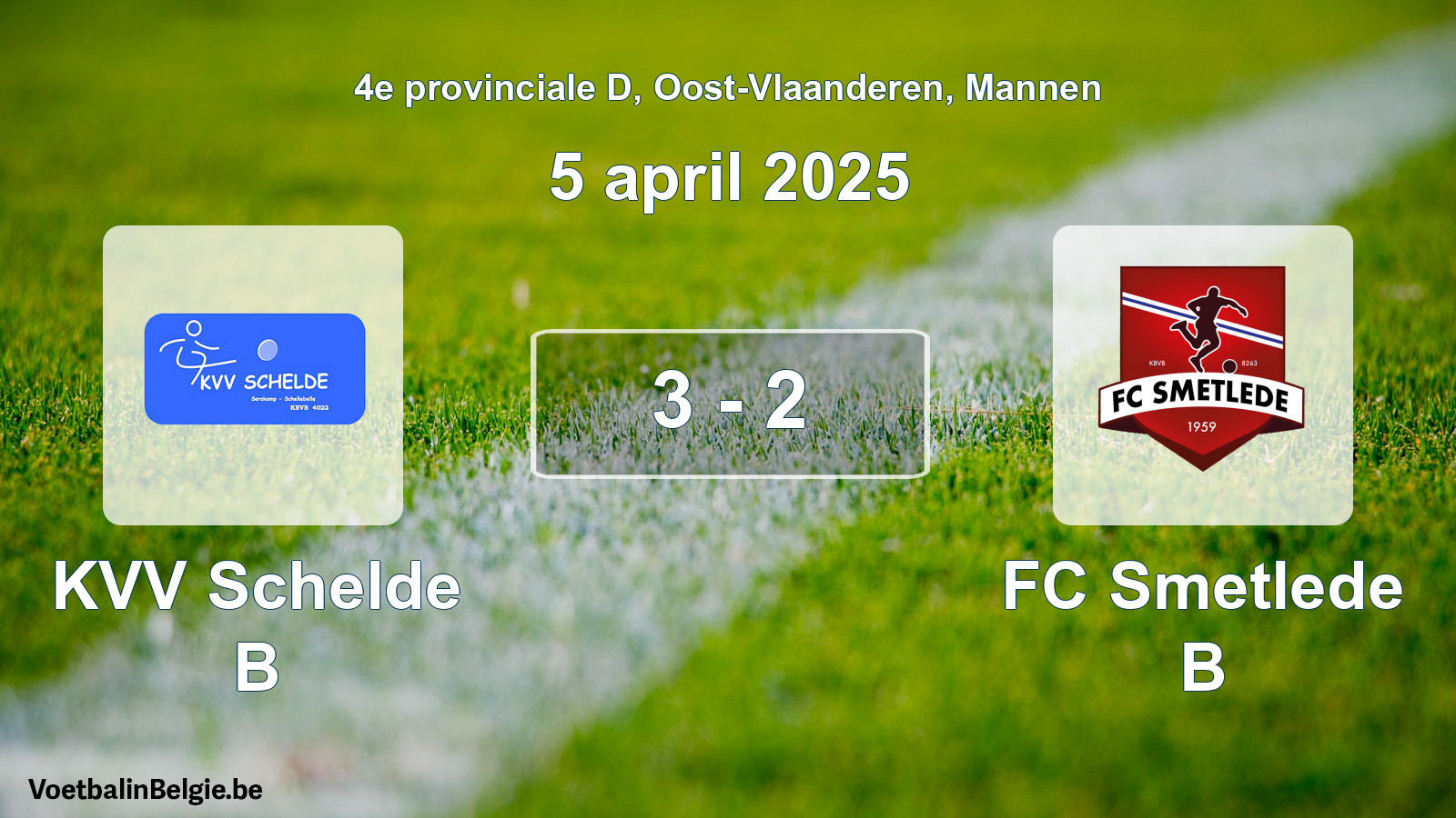 Gespeelde wedstrijd mannenvoetbal: KVV Schelde B - FC Smetlede B 3 - 2 (5 april 2025)