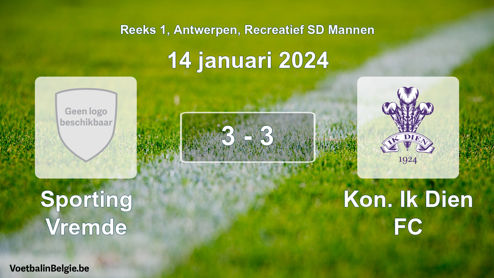 Gespeelde wedstrijd recreatiefvoetbal: Sporting Vremde - Kon. Ik Dien FC 3 - 3 (14 januari 2024)
