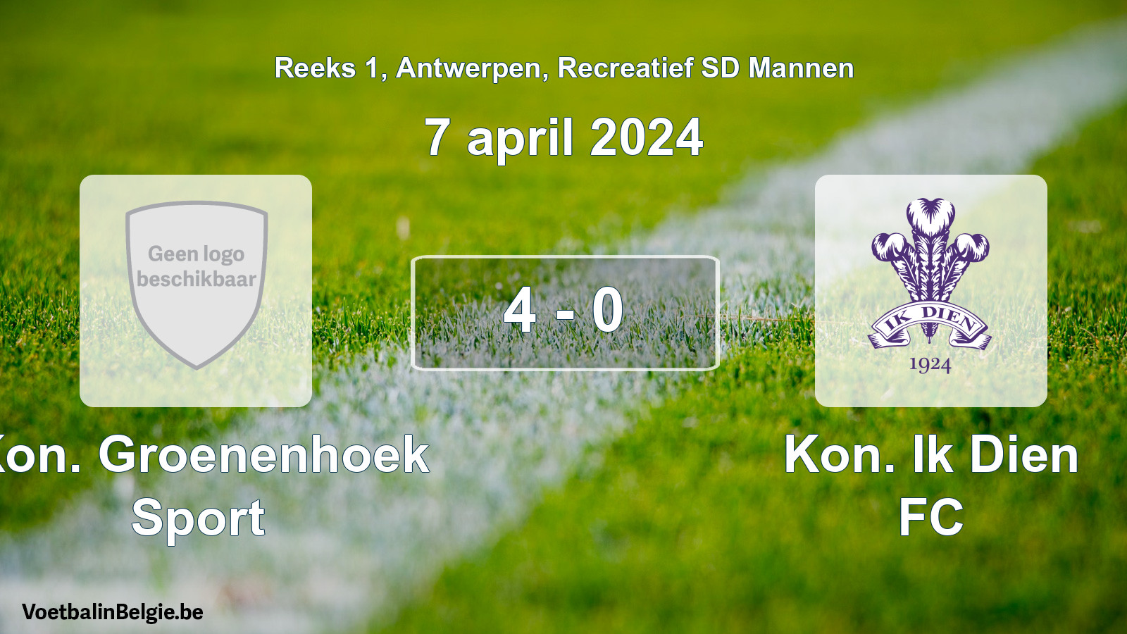 Gespeelde wedstrijd recreatiefvoetbal: Kon. Groenenhoek Sport - Kon. Ik Dien FC 4 - 0 (7 april 2024)