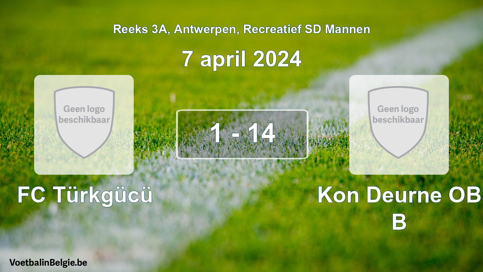 Gespeelde wedstrijd recreatiefvoetbal: FC Türkgücü - Kon Deurne OB B 1 - 14 (7 april 2024)