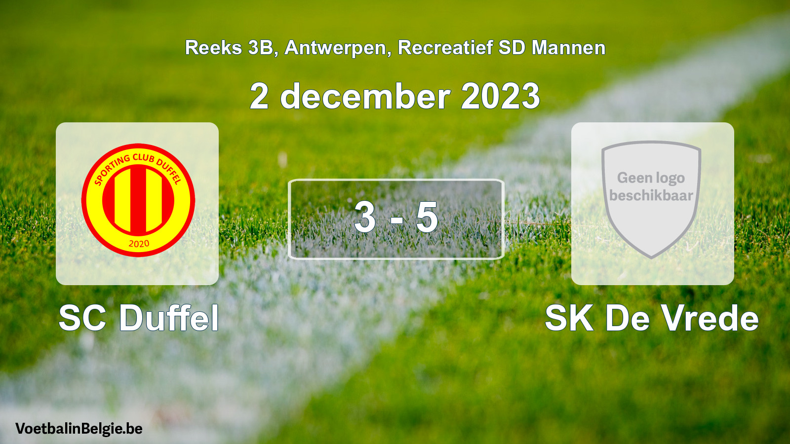Gespeelde wedstrijd recreatiefvoetbal: SC Duffel - SK De Vrede 3 - 5 (2 december 2023)
