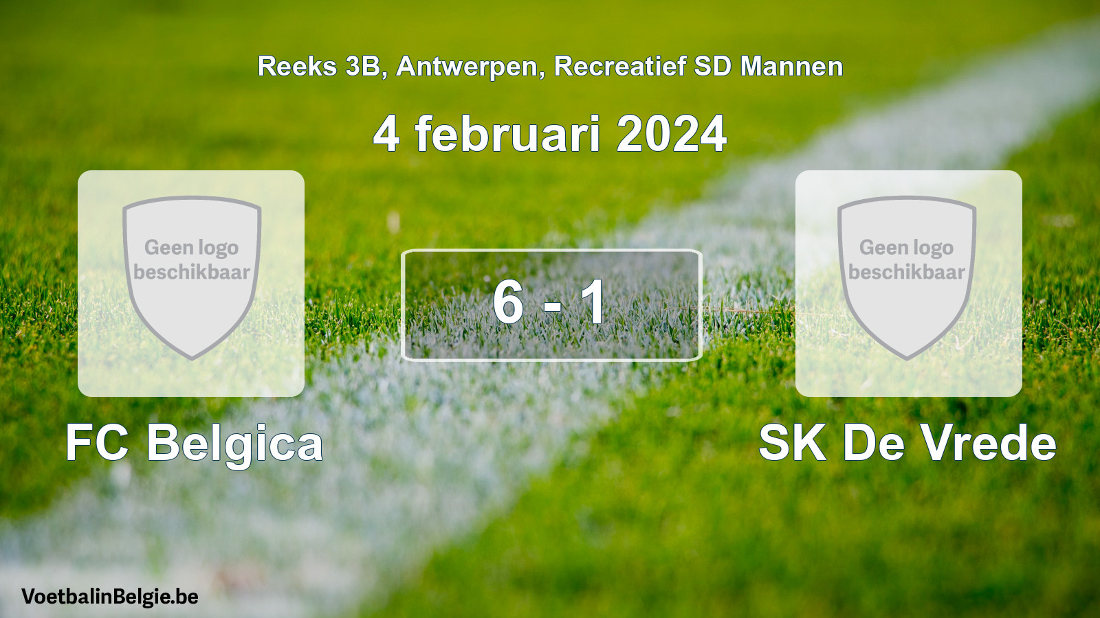Gespeelde wedstrijd recreatiefvoetbal: FC Belgica - SK De Vrede 6 - 1 (4 februari 2024)
