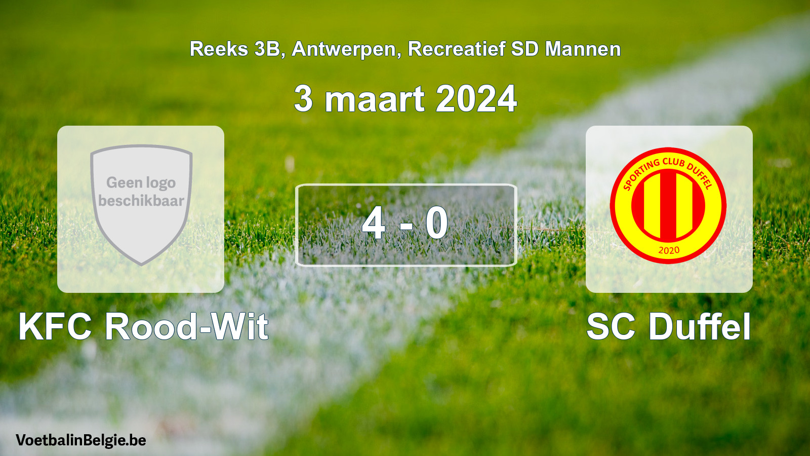 Gespeelde wedstrijd recreatiefvoetbal: KFC Rood-Wit - SC Duffel 4 - 0 (3 maart 2024)