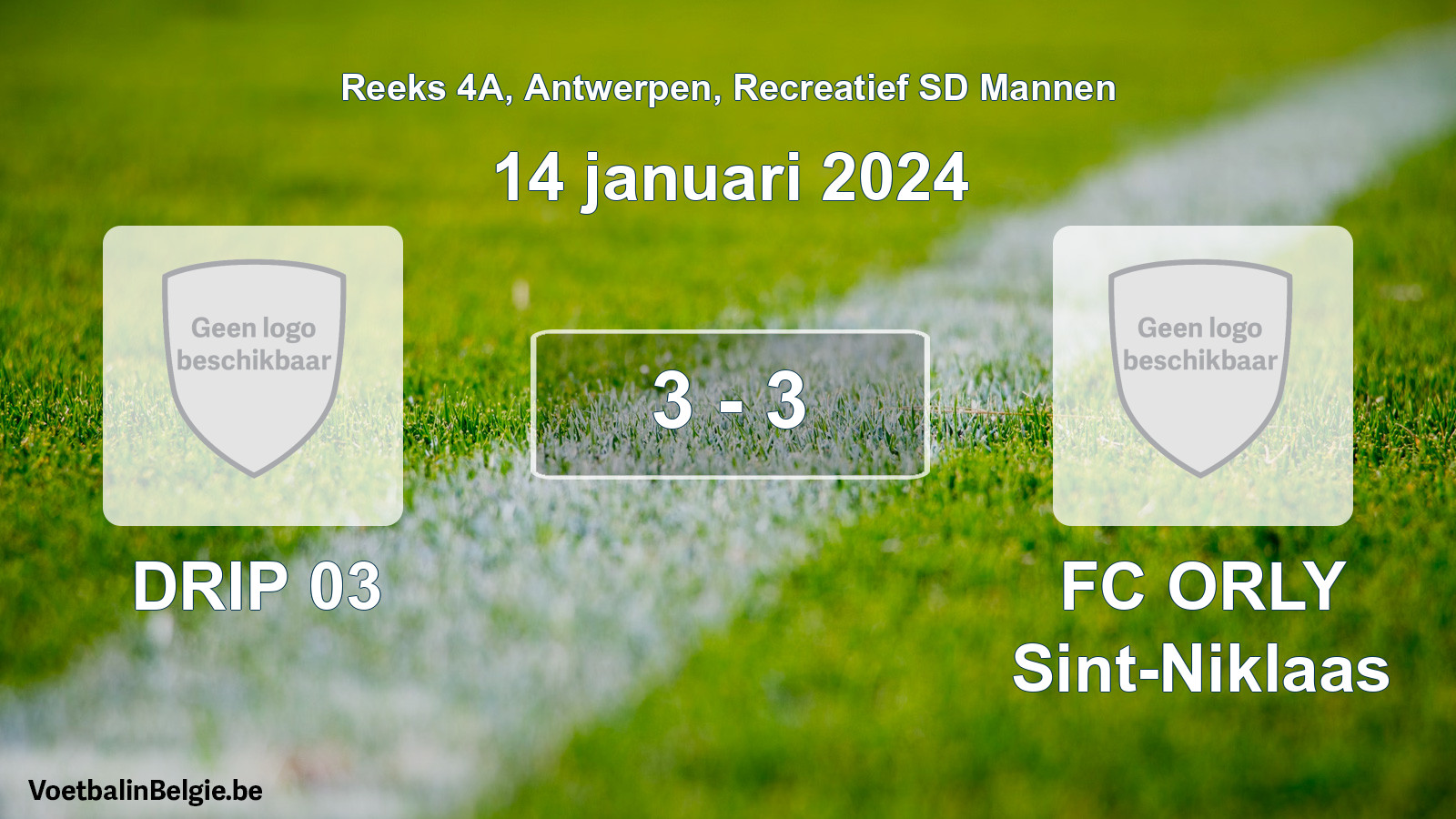 Gespeelde wedstrijd recreatiefvoetbal: DRIP 03 - FC ORLY Sint-Niklaas 3 - 3 (14 januari 2024)