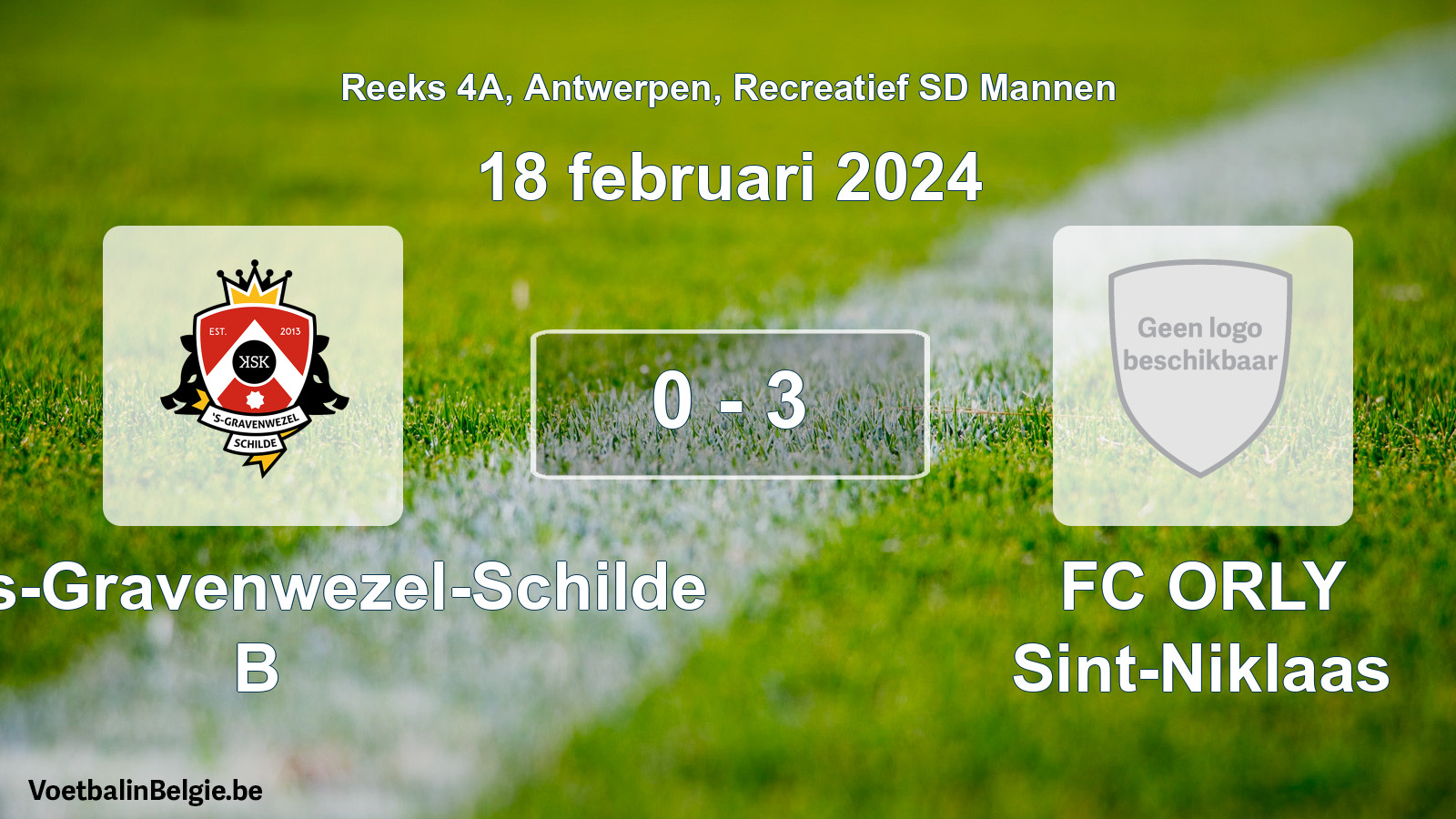 Gespeelde wedstrijd recreatiefvoetbal: KSK 's-Gravenwezel-Schilde B - FC ORLY Sint-Niklaas 0 - 3 (18 februari 2024)
