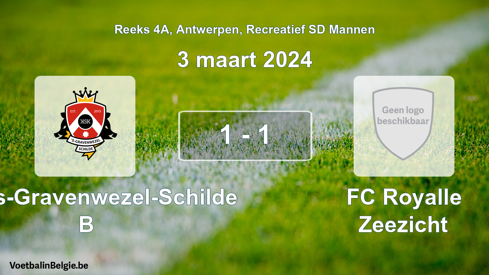 Gespeelde wedstrijd recreatiefvoetbal: KSK 's-Gravenwezel-Schilde B - FC Royalle Zeezicht 1 - 1 (3 maart 2024)