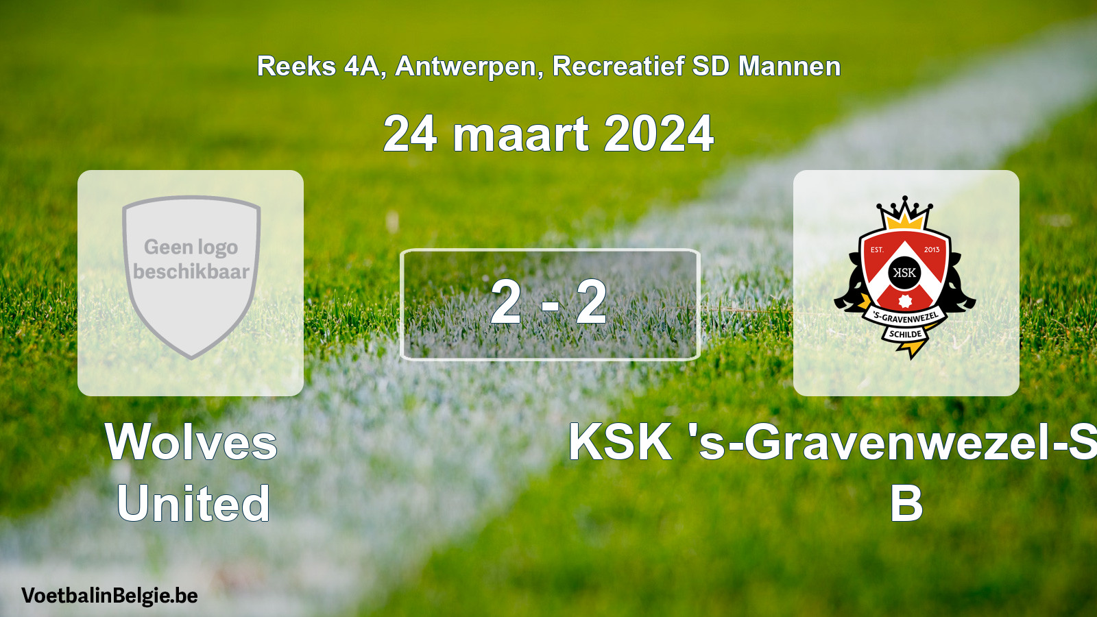 Gespeelde wedstrijd recreatiefvoetbal: Wolves United - KSK 's-Gravenwezel-Schilde B 2 - 2 (24 maart 2024)